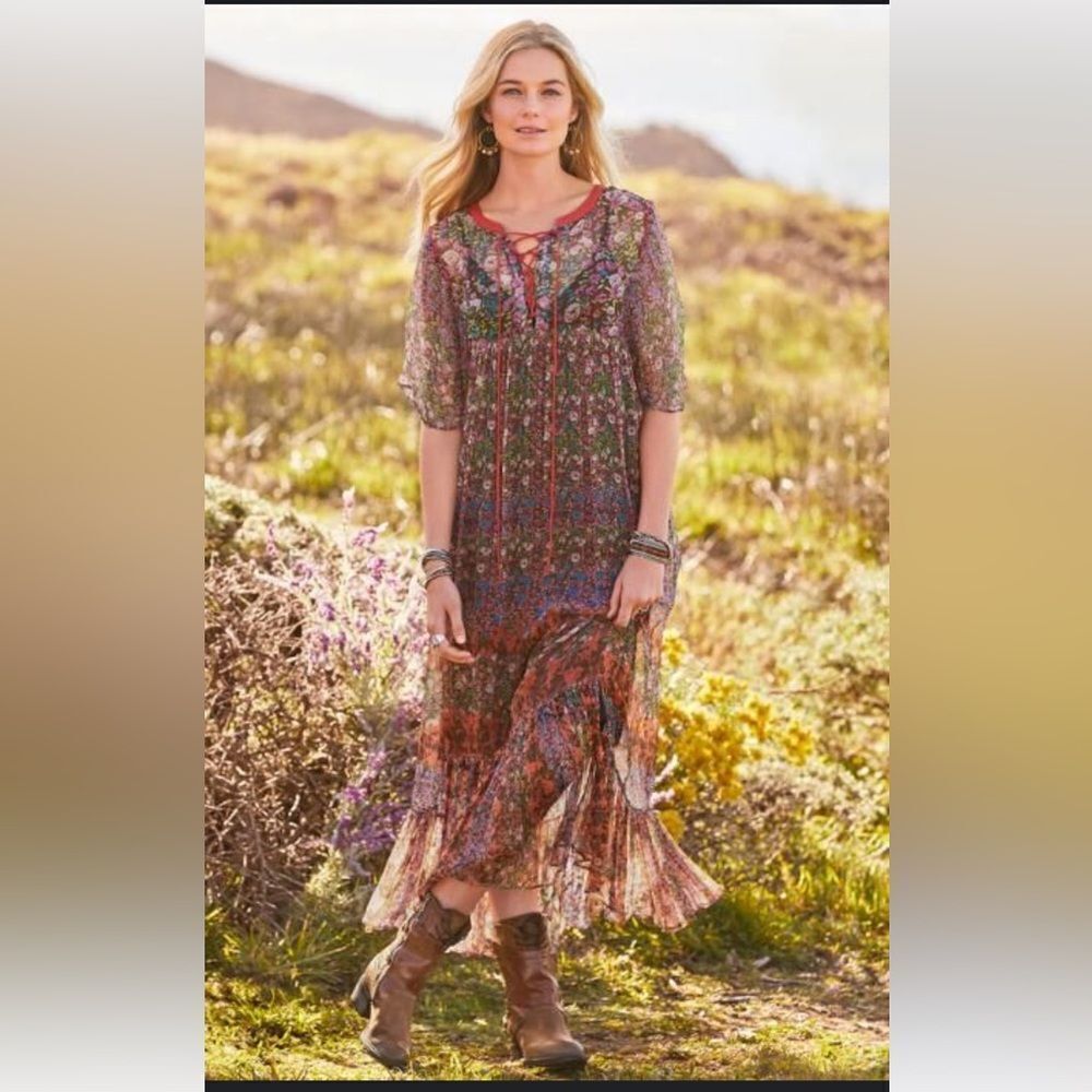 Sundance Shadded Grove Floral Sheer Maxi Slip Dress Lace-Up Neck Size M